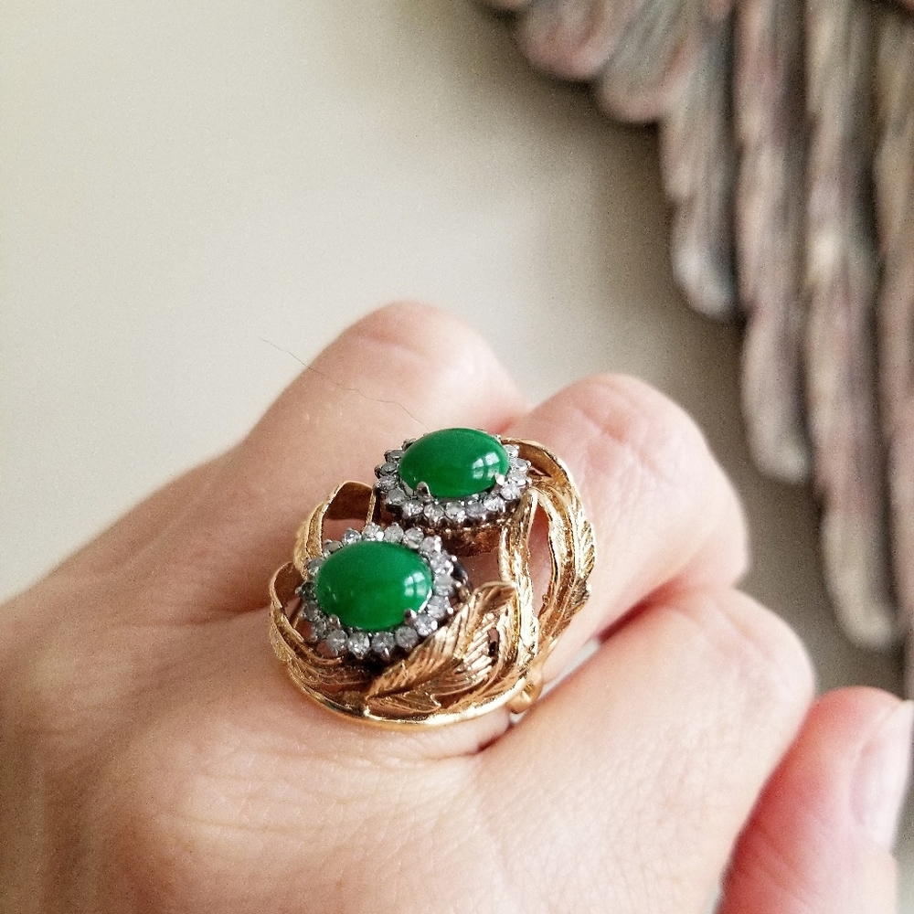 SOLD Estate Imperial Jade & Diamond 14k Cocktail Ring - Picture 7 of 11